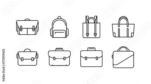 Collection of hand-drawn style bag icons featuring briefcases backpacks and totes for travel and fashion vector