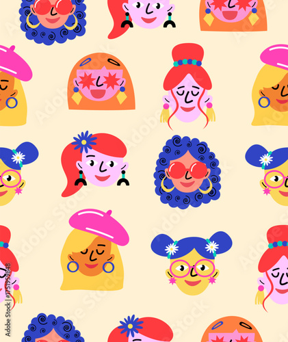 Pattern of girls' faces on a beige background.
