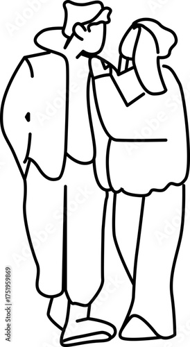 simple line drawing of a couple standing close together. The man wears a jacket and pants, while the woman is in a cozy sweater. They appear affectionate