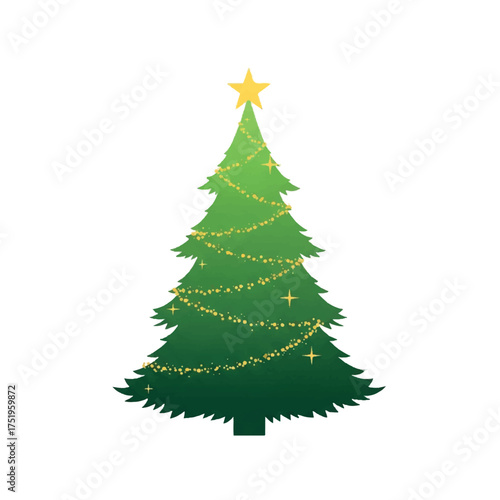 Illustration of a decorated Christmas tree with a star on top and string lights on a white background.
