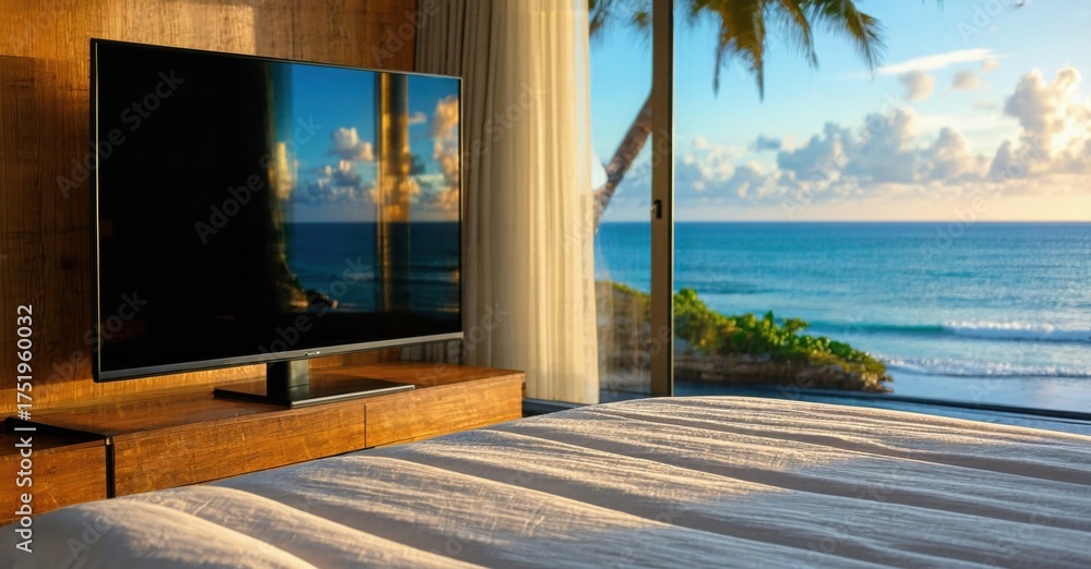 Fototapeta premium Glossy black screen tv off ocean view hotel suite with palm reflections