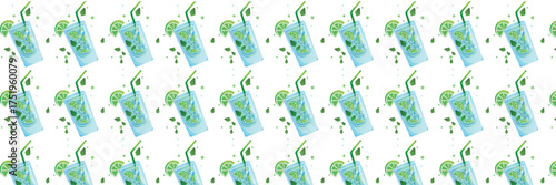 Vector seamless pattern. Summer mojito vibe. Cartoon-style design. Can be used on kitchen or other household items.