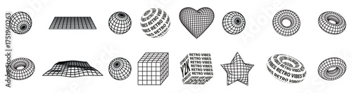 Y2K trendy shapes and 3d vector geometric figures, millennial symbols, signs and icons, large collection of shapes.