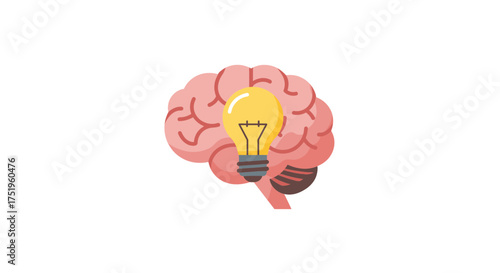 Brain with a glowing lightbulb symbolizing ideas, creativity, and intelligence on a white background.