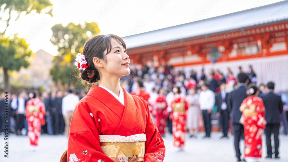 Fototapeta premium 日本の成人式・袴を着た女性とにぎやかな会場の様子 AI生成素材