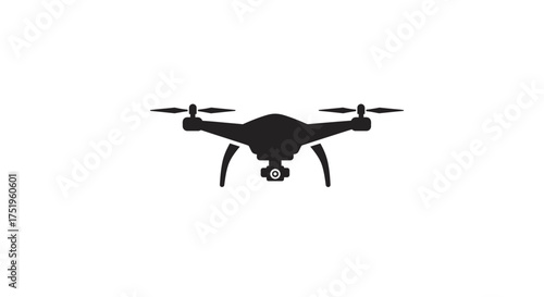 Black silhouette of a modern quadcopter drone with a camera, isolated on a clean white background.