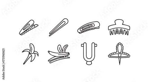 Collection of hand-drawn hair clips and banana icons for beauty and fashion design elements vector
