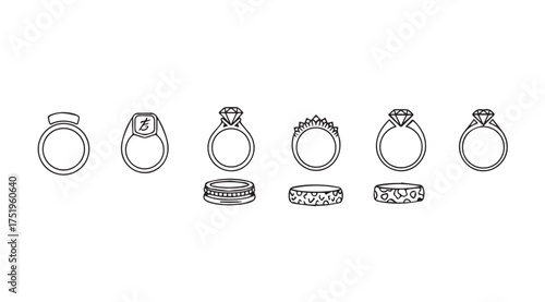 Collection of elegant engagement and wedding rings showing diverse designs and band styles vector