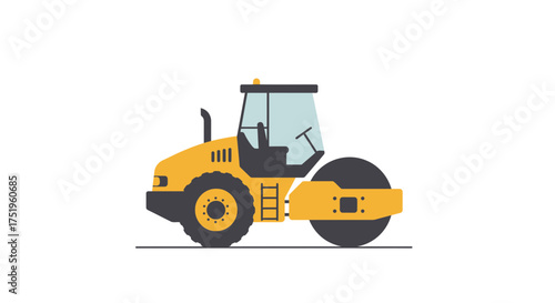 A yellow road roller, a heavy construction vehicle, isolated on a white background.
