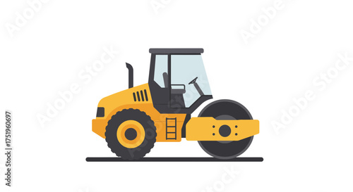 A yellow road roller, a heavy construction vehicle, isolated on a white background.