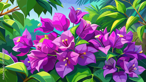 
Very beautiful close-up of vibrant purple bougainvillea flowers blooming in a sunny Florida garden, with lush green leaves and tropical light.
