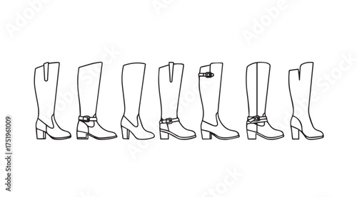 Fashionable tall boots collection various styles and designs hand drawn sketch style vector