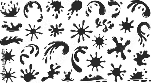 Set of black liquid splash silhouettes isolated on white background, dynamic water wave shapes for creative design and illustration