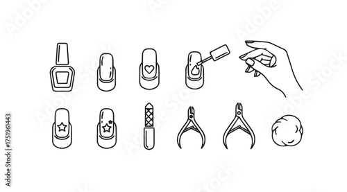 Nail care and manicure icons set featuring polish tools and hands sketch style vector