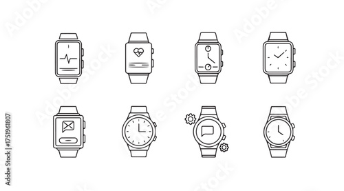 Collection of diverse wristwatch designs featuring classic and modern styles displayed as line art vector