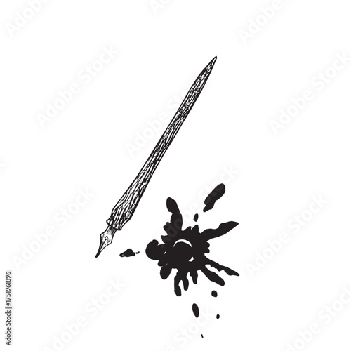 Ink pen and stain, doodle black ink drawing, woodcut vector