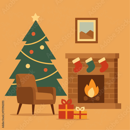 Cozy Christmas scene with tree fireplace and gifts, perfect for holiday greetings