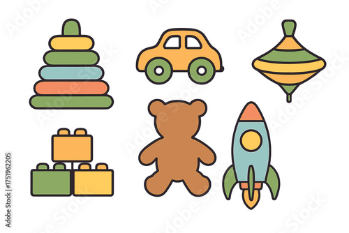 Colorful collection of classic children's toys including teddy bear, car, rocket, stacking rings, and blocks