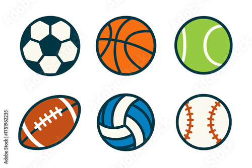 Six essential sports balls icons set for soccer basketball tennis football volleyball baseball games