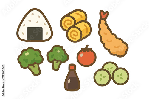 Japanese bento box food collection with onigiri, tamagoyaki, tempura, and fresh vegetables