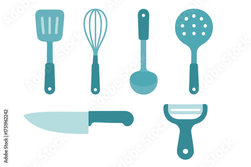Essential kitchen utensils set including spatula whisk ladle knife and peeler in teal colors