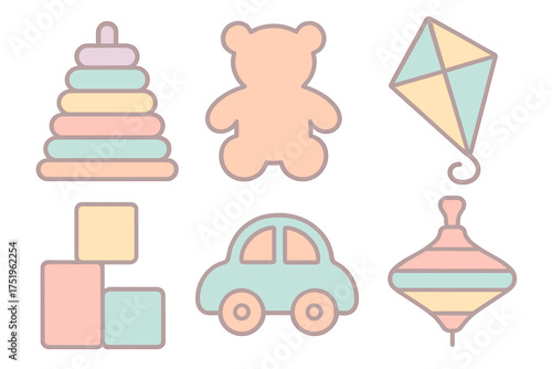 Collection of classic children's toys including stacking rings, teddy bear, building blocks, car, kite, and spinning top