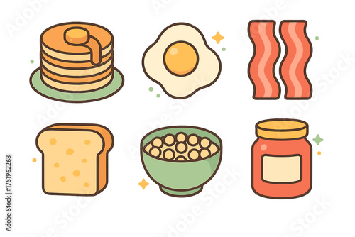 Cute breakfast food collection featuring pancakes, fried egg, bacon, toast, cereal, and jam jar
