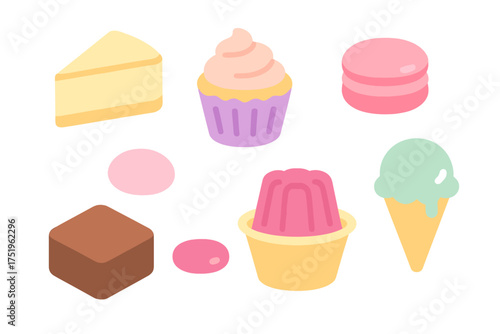Isometric collection of sweet desserts including cake, cupcake, macaron, brownie, and ice cream