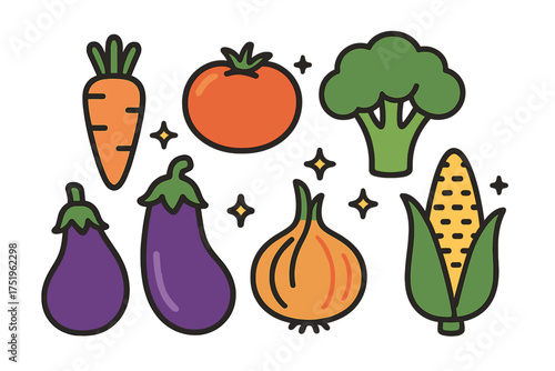 Colorful set of fresh organic vegetables carrot tomato broccoli eggplant onion corn