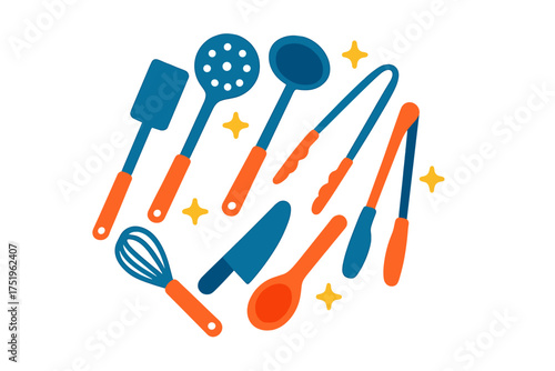 Brightly colored cooking utensils arranged in a circular pattern on a clean white background