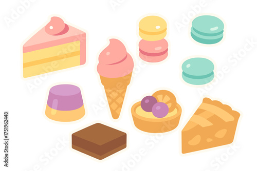 Assortment of sweet treats and baked goods including cake, ice cream, macarons, and fruit tart
