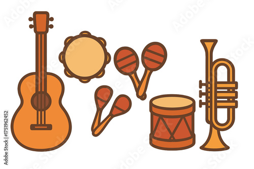 Diverse collection of musical instruments including guitar, trumpet, tambourine, maracas, and drum