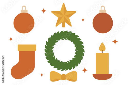 Festive Christmas holiday elements including ornaments wreath star candle and stocking