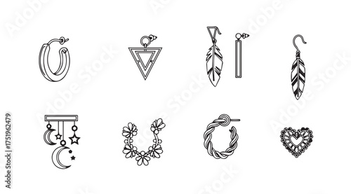Collection of hand drawn sketchy earrings featuring geometric shapes leaves and celestial motifs vector