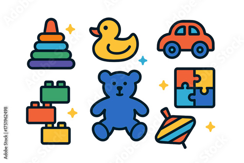 Colorful collection of classic children's toys including a teddy bear and rubber duck