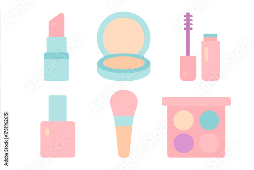 Flat design set of cosmetic products in soft pastel colors: lipstick, face powder, mascara, and eyeshadow palette