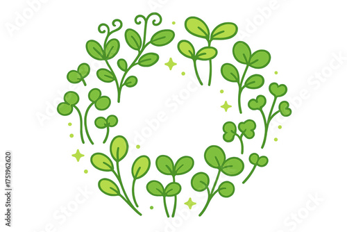 Stylized circular border with fresh green microgreens and young plant shoots