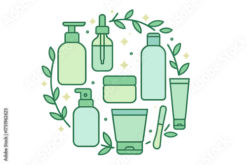 Natural cosmetic containers and herbal ingredients with fresh green foliage