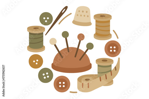 Circular arrangement of classic sewing and tailoring equipment including thread spools buttons and pincushion