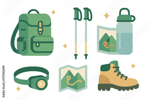 Essential collection of hiking and camping equipment for outdoor adventure travel