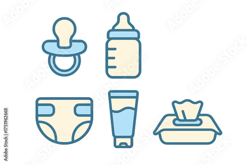 Set of essential baby care products including feeding bottle pacifier diaper and wet wipes