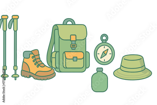 Essential outdoor hiking and camping equipment set including backpack boots and navigation tools
