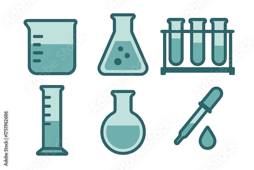 Set of essential chemistry laboratory glassware and scientific equipment