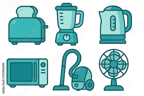 Modern flat design household appliances including toaster, blender, microwave, vacuum cleaner, and kettle
