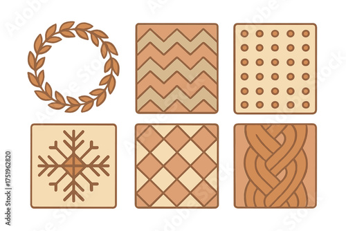 Six decorative geometric and natural patterns in warm brown and beige colors