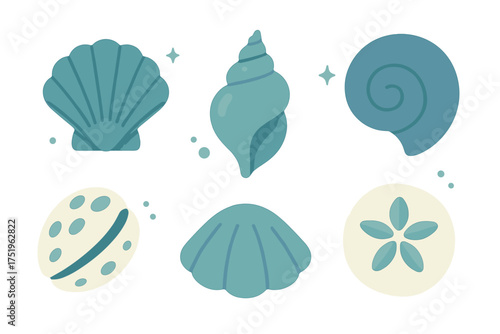 Stylized marine seashells and sand dollar elements in teal and beige colors