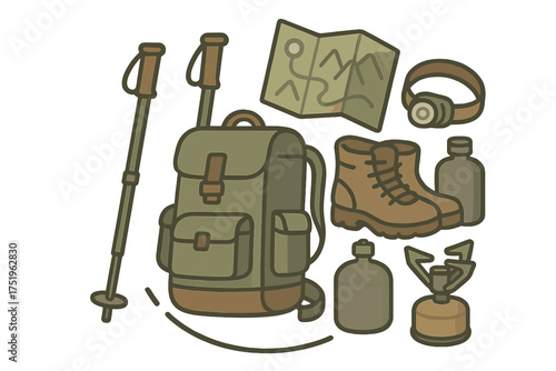 Collection of essential outdoor adventure gear including backpack, hiking boots, map, and camping stove