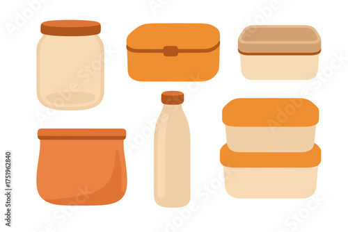 Collection of reusable food storage containers, lunch boxes, jar, and bottle for zero waste
