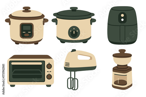Collection of retro-style kitchen appliances set including rice cooker and air fryer