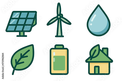Set of six environmental and renewable energy icons including solar panel, wind turbine, water, leaf, battery, and eco house